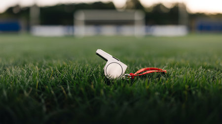 Referee whistle on the green grass. Close-up view.の写真素材