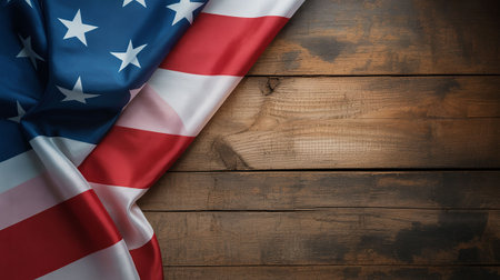 Close-up of American flag on wooden background with space for textの写真素材