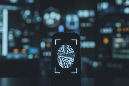 Fingerprint scan on smart phone screen. Biometric identity concept.の写真素材