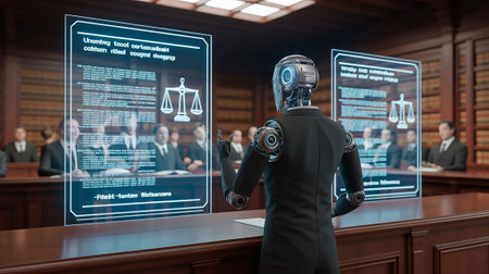 Humanoid robot in front of the computer screen. 3d renderingの写真素材