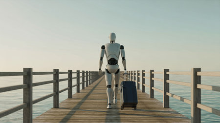 3D rendering of a robot with a suitcase on a wooden pierの写真素材