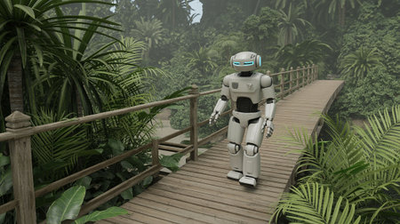 3D rendering of a robot walking on a wooden bridge in the jungleの写真素材