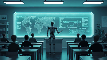3D rendering humanoid robot in front of a group of people in a conference roomの写真素材