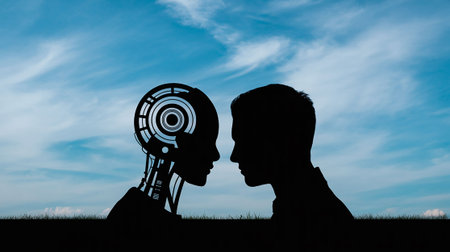 Silhouette of a human and a robot looking at each otherの写真素材