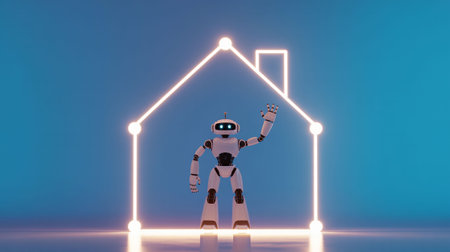 3d rendering of a robot in a house shape with neon lightsの写真素材