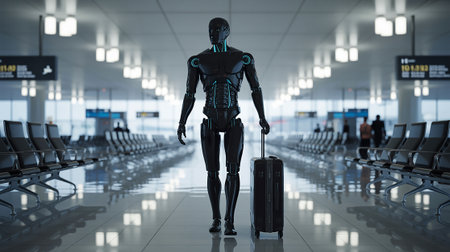 3d rendering humanoid robot in airport hall with luggage in his handsの写真素材