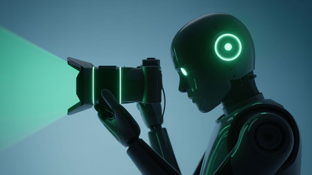 Green robot with a camera on a blue background. 3d renderingの写真素材