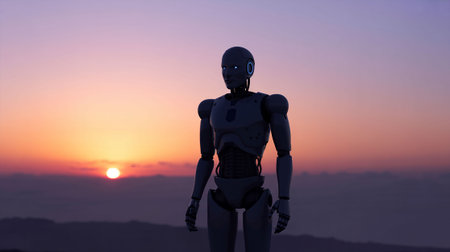 3d rendering of a female robot on a background of the sunsetの写真素材