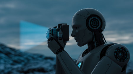 3d rendering humanoid robot on the background of the night sky with video cameraの写真素材