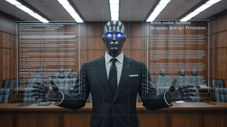 3d rendering humanoid robot working in a modern office with binary codeの写真素材