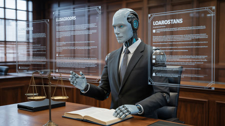 3d rendering humanoid robot sitting in the courtroom and reading a bookの写真素材