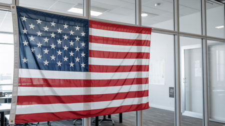 American flag on glass wall in conference room. 3D Renderingの写真素材