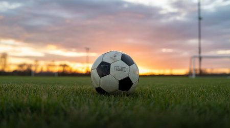 Soccer ball on green grass with sunset sky in the background.の写真素材