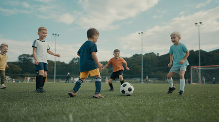 Group of children playing soccer on the field. Focus on boy.の写真素材