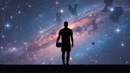 Silhouette of a basketball player against the background of the starry skyの写真素材