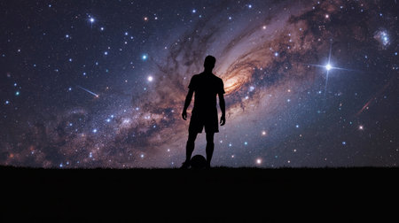 Silhouette of a soccer player on the background of the starry sky.の写真素材