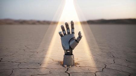 Robot hand on dry cracked earth background. Future technology concept.の写真素材