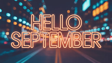 \Neon sign with text \"\"Hello September\"\"\""の写真素材
