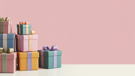 Colorful gift boxes on white and pink background. 3d renderingの写真素材