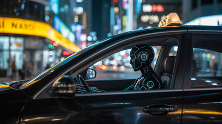Robot driving a taxi at night in a cityの写真素材