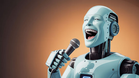 Robot singing into microphone against orange vignette background 3dの写真素材