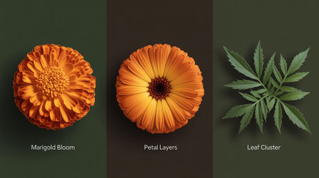 Calendula flower set. Realistic calendula flower vector illustration.の写真素材