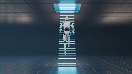3d rendering humanoid robot walking on stairs in futuristic room with neon lightの写真素材
