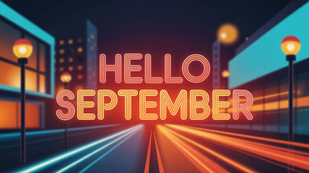 Hello September text on the background of the night city street. Vector illustration.の写真素材