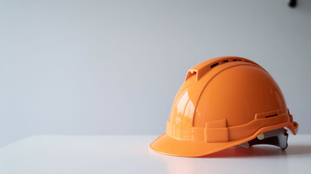 Orange safety helmet on white table with copy space, construction concept.の写真素材