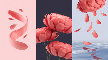 Red tulips in water. 3d illustration. Floral background.の写真素材