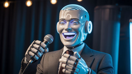 Robot in a suit with a microphone on the background of the stageの写真素材