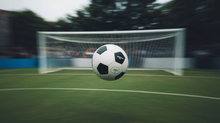 Soccer ball on the field in front of goal. Blurred backgroundの写真素材