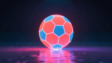 Soccer ball in neon light. 3D rendering. Neon light ball.の写真素材