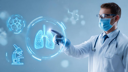 Handsome young doctor in white coat and medical mask touching icon of lungsの写真素材