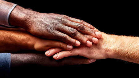 Close up of a group of people holding hands together on black backgroundの写真素材