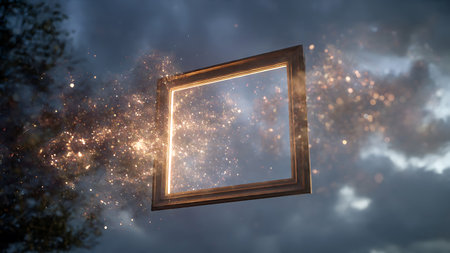 Wooden picture frame on the background of the night sky. 3d renderingの写真素材