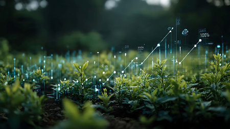 Growing green tea leaves with graphs and charts. 3D Renderingの写真素材