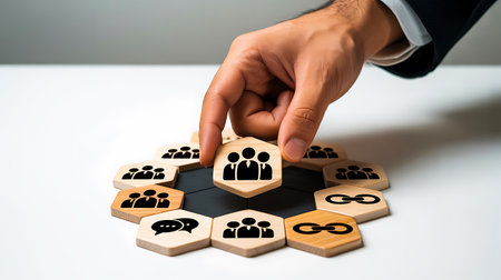 Businessman hand arranging wooden block with social network icon on top.の写真素材