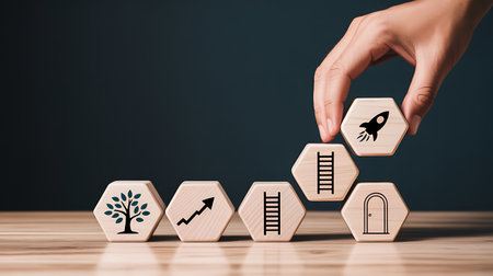 Concept of growth and success with icons on wooden cubes. 3d renderingの写真素材