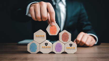 Concept of teamwork and collaboration. Businessman shows wooden blocks with icons.の写真素材