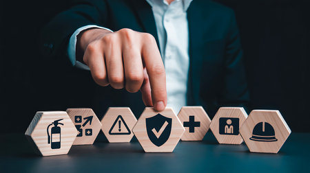 Concept of leadership with icons on wooden hexagons on white backgroundの写真素材