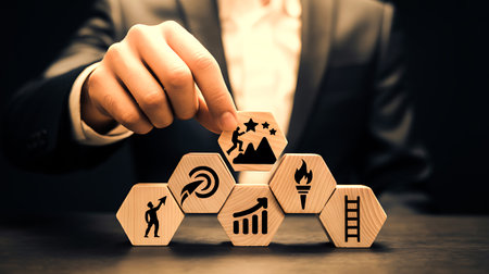 Businessman arranging wooden cubes with icons related to business strategy and planning.の写真素材