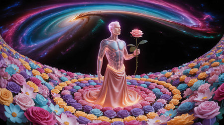 3d illustration of a woman with a rose in her hand in front of a colorful background with spaceの写真素材