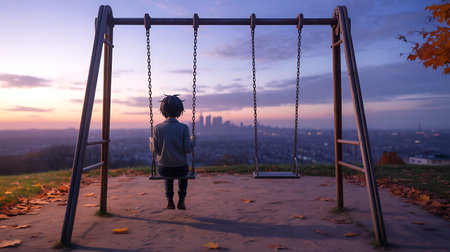 Little boy playing on a swing in the park at sunset. The concept of a happy childhood.の写真素材