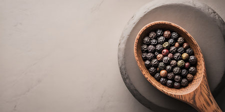 Pepper seeds in wooden spoon on gray background, panoramic shotの写真素材