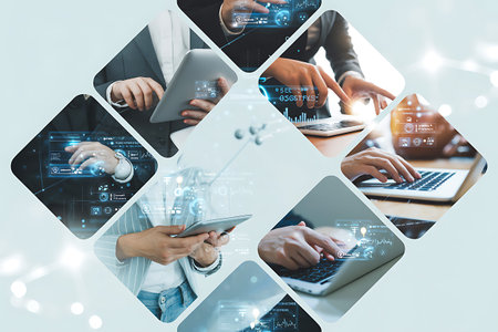 Collage of business people working together with digital tablet and laptop computerの写真素材