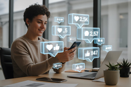 smiling young businesswoman using smartphone with social media icons in officeの写真素材