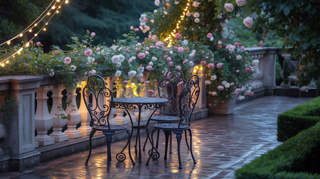 Table and chairs in the garden decorated with pink roses and lights.の写真素材