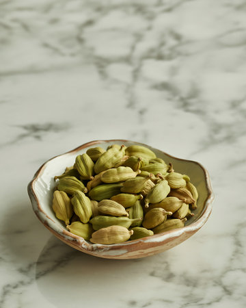 Green cardamom pods in a bowl on white marble background.の写真素材