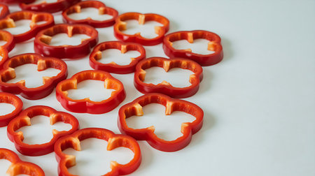 Red pepper slices on a white background. Selective focus. Food.の写真素材